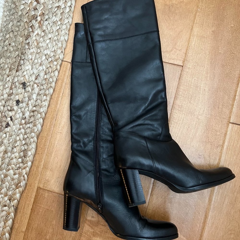 Knee High Black Leather Boots — Scala Women's Block Heel